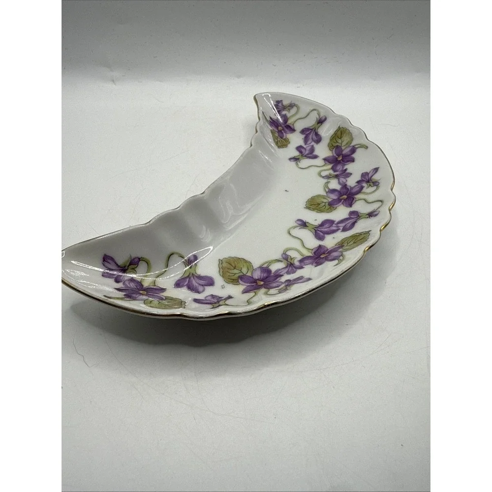 Vintage Crescent Moon Shape Trinket Dish, Purple Gold Floral Made in Germany